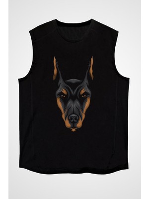 Darkhane Doberman Yüzü  Siyah Unisex Kolsuz Tişört Kesik Kol T-Shirt