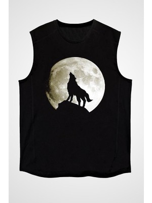 Darkhane Uluyan Kurt Siyah Unisex Kolsuz Tişört Kesik Kol T-Shirt