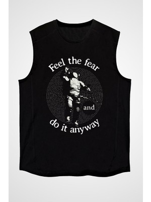 Darkhane Kork Ama Yine Yap Astronot Siyah Unisex Kolsuz Tişört Kesik Kol T-Shirt