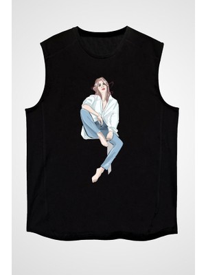 Darkhane Mavi Gömlek Girl Siyah Unisex Kolsuz Tişört Kesik Kol T-Shirt