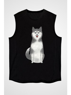 Darkhane Şirin Sibirya Kurdu Husky Haski Siyah Unisex Kolsuz Tişört Kesik Kol T-Shirt