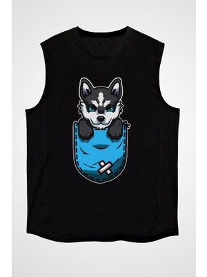 Darkhane Cepteki Sibirya Kurdu Husky Haski Siyah Unisex Kolsuz Tişört Kesik Kol T-Shirt