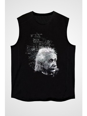Darkhane Albert Einstein Kuantum Mekaniği Siyah Unisex Kolsuz Tişört Kesik Kol T-Shirt