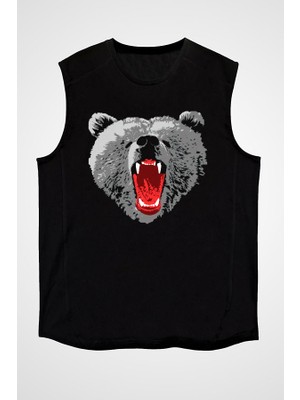Darkhane Kükreyen Boz Ayı Siyah Unisex Kolsuz Tişört Kesik Kol T-Shirt