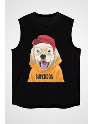 Darkhane Süper Köpek Golden Retriever Siyah Unisex Kolsuz Tişört Kesik Kol T-Shirt