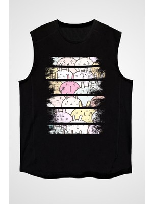 Darkhane Renkli Tavşanlar Siyah Unisex Kolsuz Tişört Kesik Kol T-Shirt