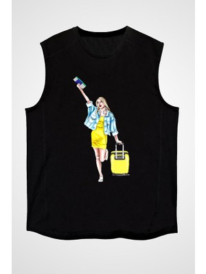 Darkhane Seyahat Eden Kız Siyah Unisex Kolsuz Tişört Kesik Kol T-Shirt
