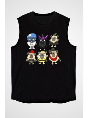 Darkhane Pug Çetesi  Siyah Unisex Kolsuz Tişört Kesik Kol T-Shirt