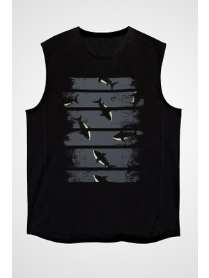 Darkhane Köpek Balığı Siyah Unisex Kolsuz Tişört Kesik Kol T-Shirt