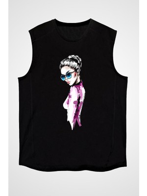 Darkhane Mavi Gözlük Tarzı Siyah Unisex Kolsuz Tişört Kesik Kol T-Shirt