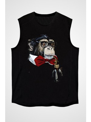 Darkhane Profesör Maymun Siyah Unisex Kolsuz Tişört Kesik Kol T-Shirt