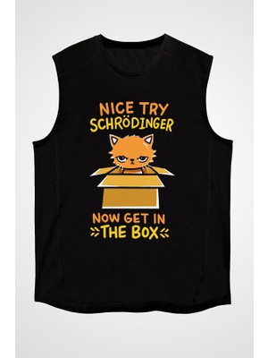Darkhane Schrödinger'in Kedisi Kutuda Siyah Unisex Kolsuz Tişört Kesik Kol T-Shirt