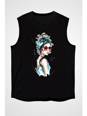 Darkhane Kırmızı Gözlük Tarzı Siyah Unisex Kolsuz Tişört Kesik Kol T-Shirt