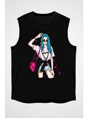 Darkhane Mavi Saçlı Kız Fashion Siyah Unisex Kolsuz Tişört Kesik Kol T-Shirt