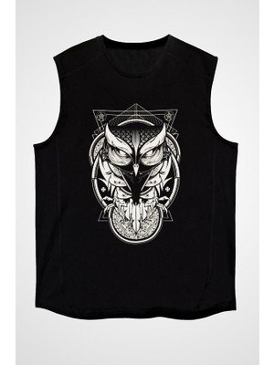 Darkhane Baykuş Siyah Unisex Kolsuz Tişört Kesik Kol T-Shirt
