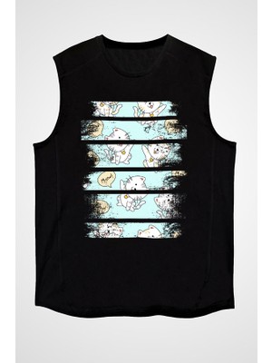 Darkhane Meow Diyen Kedi Siyah Unisex Kolsuz Tişört Kesik Kol T-Shirt