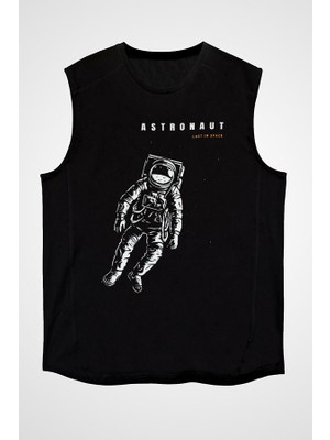 Darkhane Vintage Astronot Siyah Unisex Kolsuz Tişört Kesik Kol T-Shirt