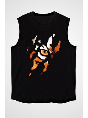 Darkhane Kaplan Gözü Siyah Unisex Kolsuz Tişört Kesik Kol T-Shirt