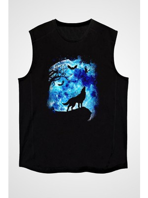 Darkhane Uluyan Kurt Siyah Unisex Kolsuz Tişört Kesik Kol T-Shirt