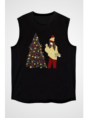 Darkhane Fashion Girl Noel Christmas Siyah Unisex Kolsuz Tişört Kesik Kol T-Shirt