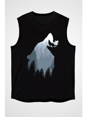 Darkhane Ormanda Uluyan Kurt Siyah Unisex Kolsuz Tişört Kesik Kol T-Shirt