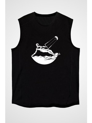 Darkhane Uçurtma Kayağı - Kite Board Siyah Unisex Kolsuz Tişört Kesik Kol T-Shirt