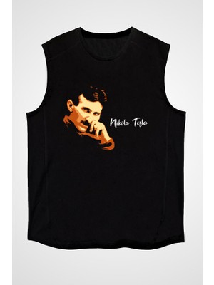 Darkhane Nikola Tesla Portre Siyah Unisex Kolsuz Tişört Kesik Kol T-Shirt