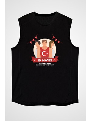 Darkhane 19 Mayıs Atatürk'ü Anma, Gençlik ve Spor Bayramı Siyah Unisex Kolsuz Tişört Kesik Kol T-Shirt