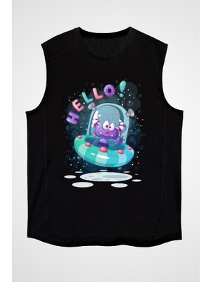 Darkhane Merhaba Ben Uzaylı Siyah Unisex Kolsuz Tişört Kesik Kol T-Shirt