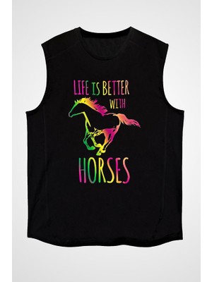 Darkhane At Biniciliği Siyah Unisex Kolsuz Tişört Kesik Kol T-Shirt