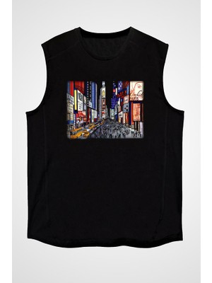 Darkhane Times Square Siyah Unisex Kolsuz Tişört Kesik Kol T-Shirt