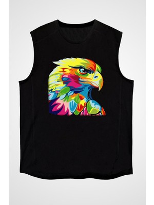 Darkhane Renkli Kartal Siyah Unisex Kolsuz Tişört Kesik Kol T-Shirt