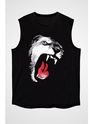Darkhane Kükreyen Kaplan Siyah Unisex Kolsuz Tişört Kesik Kol T-Shirt