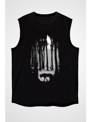 Darkhane Doğa ve Kurt Siyah Unisex Kolsuz Tişört Kesik Kol T-Shirt