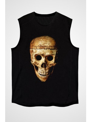 Darkhane Gerçekçi Kurukafa Siyah Unisex Kolsuz Tişört Kesik Kol T-Shirt