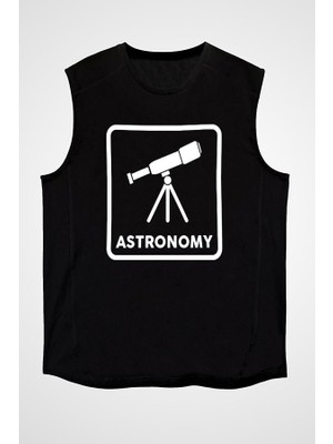 Darkhane Teleskop Astronomi Siyah Unisex Kolsuz Tişört Kesik Kol T-Shirt