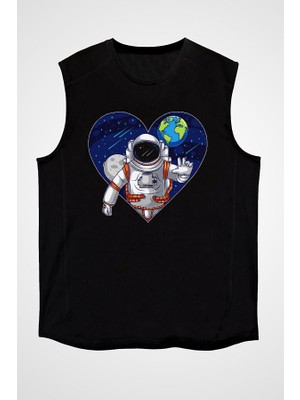 Darkhane Uzayı Seven Astronot Siyah Unisex Kolsuz Tişört Kesik Kol T-Shirt