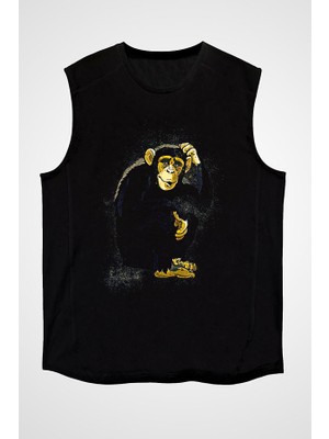Darkhane Düşünen Maymun Siyah Unisex Kolsuz Tişört Kesik Kol T-Shirt