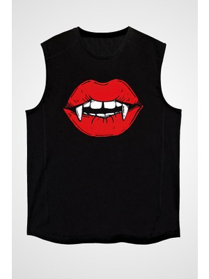 Darkhane Halloween Vampir Dişler Siyah Unisex Kolsuz Tişört Kesik Kol T-Shirt
