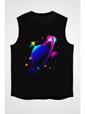 Darkhane Satürn Siyah Unisex Kolsuz Tişört Kesik Kol T-Shirt