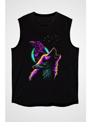 Darkhane Karga ve Kurt Siyah Unisex Kolsuz Tişört Kesik Kol T-Shirt