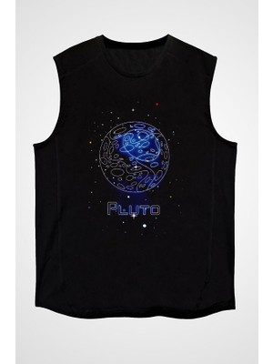 Darkhane Plüton Çizim Siyah Unisex Kolsuz Tişört Kesik Kol T-Shirt