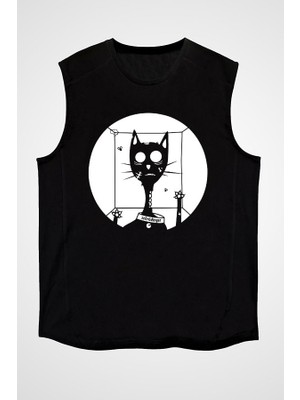 Darkhane Schrödingerin Kedisi Kutuda Siyah Unisex Kolsuz Tişört Kesik Kol T-Shirt