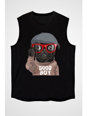 Darkhane Gözlüklü Kötü Pug Siyah Unisex Kolsuz Tişört Kesik Kol T-Shirt