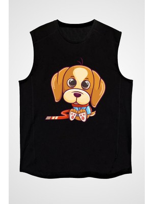 Darkhane Sevimli Beagle Siyah Unisex Kolsuz Tişört Kesik Kol T-Shirt