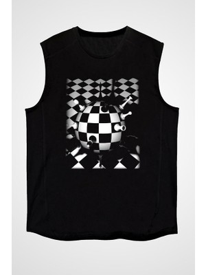 Darkhane Satranç Siyah Unisex Kolsuz Tişört Kesik Kol T-Shirt