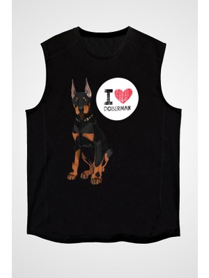Darkhane Dobermanları Seviyorum Siyah Unisex Kolsuz Tişört Kesik Kol T-Shirt