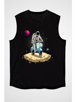 Darkhane Scooter Süren Astronot Siyah Unisex Kolsuz Tişört Kesik Kol T-Shirt
