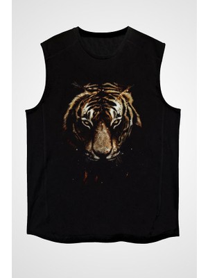 Darkhane Sinsi Kaplan Siyah Unisex Kolsuz Tişört Kesik Kol T-Shirt