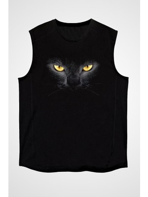 Darkhane Kara Kedi Siyah Unisex Kolsuz Tişört Kesik Kol T-Shirt